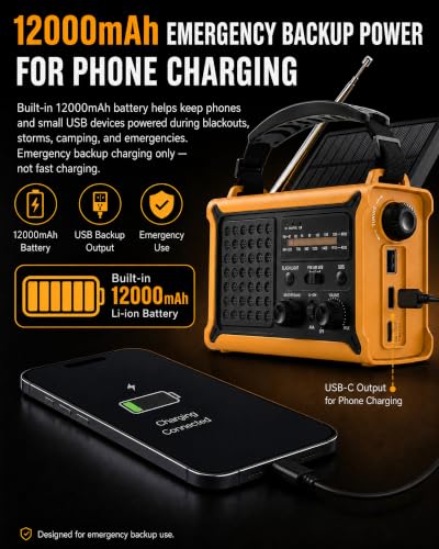 Emergency Radio with Hand Crank & Solar, NOAA Weather Band, AM/FM, 12000mAh - color: Yellow + Black