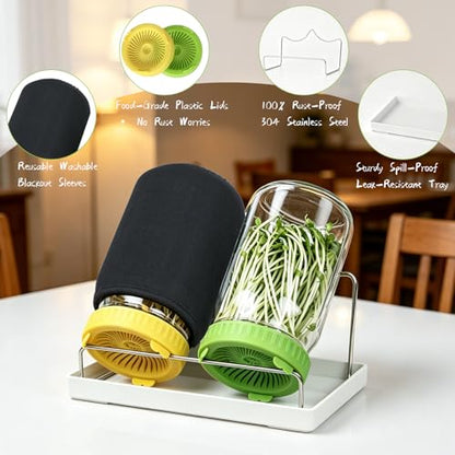 Seed Sprouting Kit - 2×32 Oz Wide-Mouth Mason Jars with Sprouter Lids, Stand, Sprout Tray & Light Shield, for Broccoli, Alfalfa, Mung Beans & Microgreens (Yellow + Green) - color: Yellow + Green
