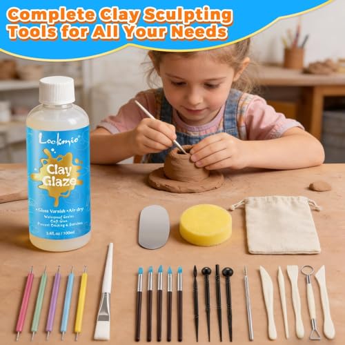 3.4FL OZ Air Dry Clay Glaze & 25pcs Tools Kit, Gloss Protective Sealant