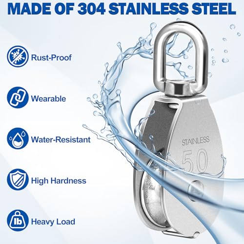 Cable Pulley Wheel Stainless Steel, 4 Pack M50 Single Pulley Snatch Block, Heavy Duty Lifting Crane Swivel Hook, Bearing Inside Rope Pulleys for Lifting System Gym Equipment Clothesline, 800 lbs Load - size: M50 - 4 Pack
