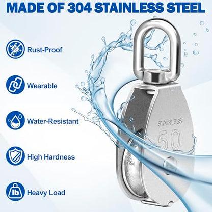 Cable Pulley Wheel Stainless Steel, 4 Pack M50 Single Pulley Snatch Block, Heavy Duty Lifting Crane Swivel Hook, Bearing Inside Rope Pulleys for Lifting System Gym Equipment Clothesline, 800 lbs Load - size: M50 - 4 Pack