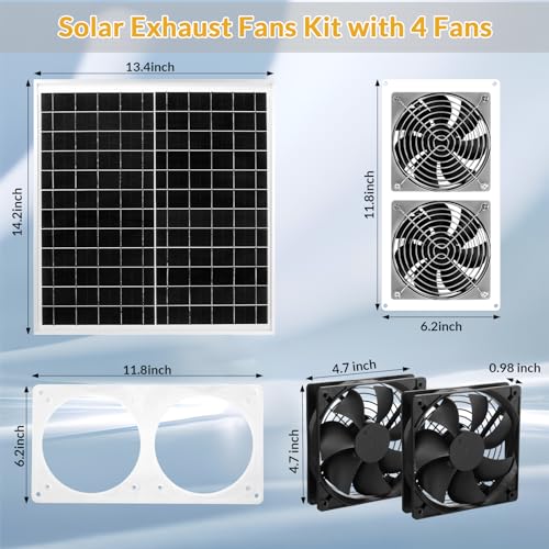 Tujoe Solar Exhaust Fans Kit with 4 Fans 20w Waterproof Solar Panel + High Speed Dual Exhaust Fan Solar Panel Powered Fan with On/Off Switch for Chicken Coop, Shed Cooling Ventilation Project