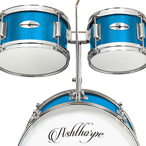 Ashthorpe 5-Piece Complete Kids Drum Set with Genuine Brass Cymbals - Junior Beginner Kit with 16" Bass, Throne, Hi-Hats, Pedals & Drumsticks - Blue - color: Blue