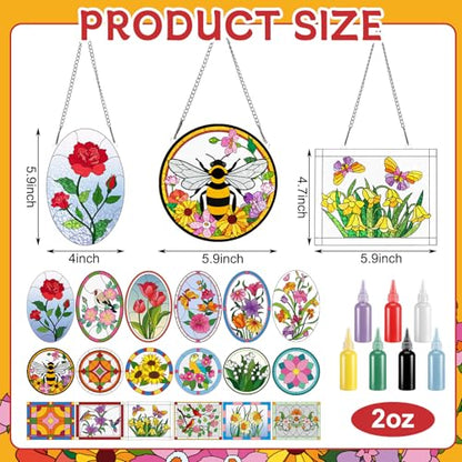 Humyoun 65 Pcs Stained Glass Painting Starter Kit for Adults DIY Window Paint Art Crafts Including 7 Colors 18 Suncatchers 18 Patterns 18 Chains and 4 Tool for Home Activities DIY Project Party