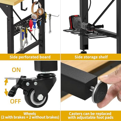 DWVO 48in Adjustable Rolling Workbench Heavy Duty with Pegboard & Wheels - size: 48" Workbench w/Pegboard