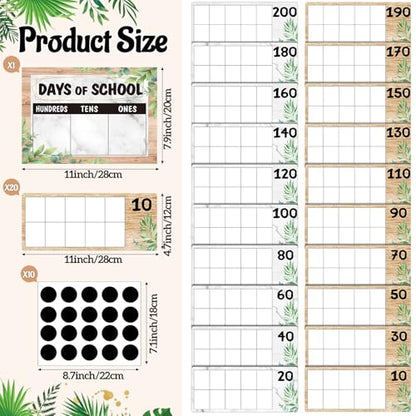 Funrous Days of School Pocket Chart Number of The Day Countdown Posters Back to School Eucalyptus Countdown Bulletin Board Decor Hundreds Tens Ones Place Value Chart Cards for Classroom Home - style: Retro Eucalyptus