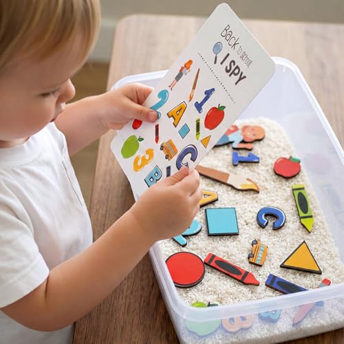 Beeveer 22 Pcs Sensory Bin Fillers for Kids Back to School Sensory Toy Kit Counting Sorting Fine Motor Toys with Simulated Sugar, Bin, Wood Chip and Spoon for Girl Boy Preschool Education Activities