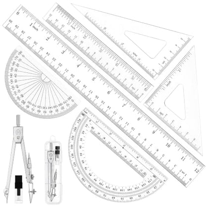 Coopay 7 Pcs Geometry Kit with Ruler, Triangle Ruler, Protractor and Compass Set - size: 7 Pcs set