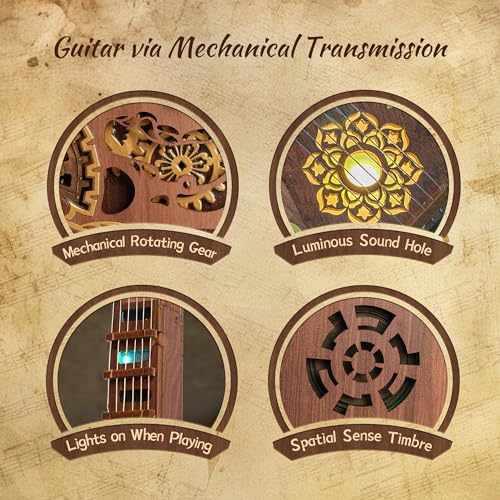 FUNPOLA LED 3D Wooden Puzzle Chords Guitar Kit, Acoustic Guitar Puzzle Model with LED Lights, DIY Mechanical Music Craft for Adults