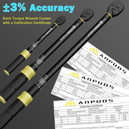 ANPUDS 5Pcs 1/4 3/8 1/2-inch Drive Click Torque Wrench Set, ±3% Accuracy - size: 20-240 in-lb + 10-110 ft-lb + 30-250 ft-lb