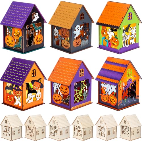 Jenaai 12 Sets Halloween Wooden Houses to Paint, Pumpkin Ghost Village - style: Halloween