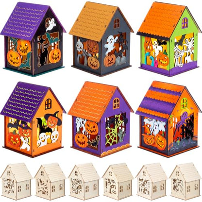 Jenaai 12 Sets Halloween Wooden Houses to Paint, Pumpkin Ghost Village - style: Halloween