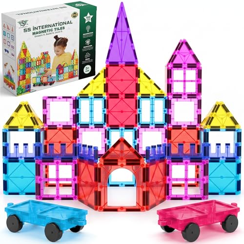 Magnetic Tiles 100 Pcs with 2 Cars STEM Building Blocks Toys for Kids 3+