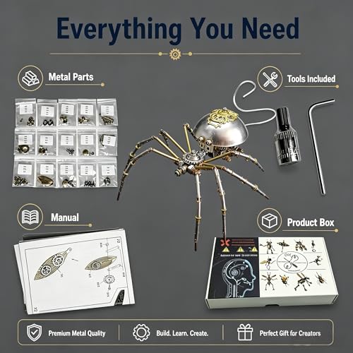 Steampunk Mechanical Insect Spider 3D Metal Puzzle Model Kits 150+ Parts No Glue Build Unique Desk Decor Christmas & Birthday Gift for Men Adults(Long-Tailed Spider) - style: Long-tailed spider