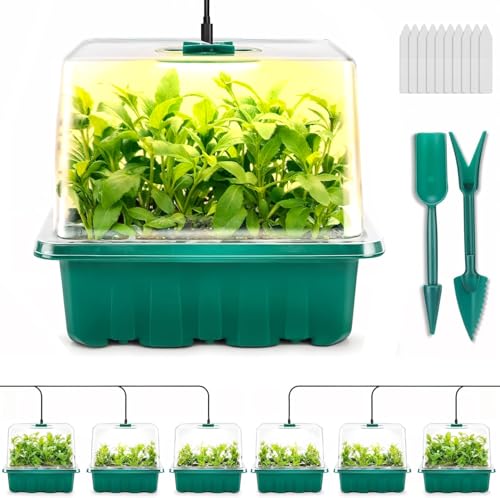 Seed Starter Tray with Grow Light, 6pcs Seed Starter Kits with Light and Adjustable Humidity Domes, Covers Height 3.9", Indoor Seedling Starter Plant Germination Trays (Green-Warm White)