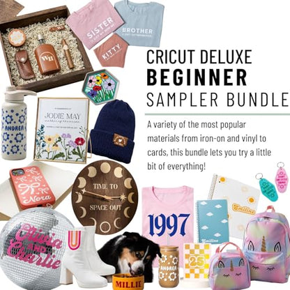 Cricut Deluxe All‑in‑One Sampler Kit for Cricut Joy Machines- 40+ Piece Bundle with Vinyl, Heat Transfer Vinyl, Card Sets with Pens & Instructional Guides, Beginner Die-Cutting Machine Materials Pack - color: Deluxe Sampler