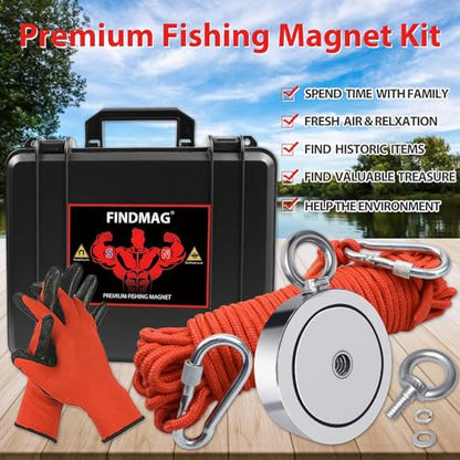 FINDMAG 1725 LBS Fishing Magnet Kit, 3.7 Inch Neodymium Fishing Magnet - color: Black Kit Double Hole, size: 3.70 inches(94mm)-1725lb