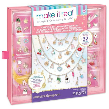 Make It Real: Handful of Charm - 70 pc DIY Jewelry Set, 4 Chain Lengths, Design & Create, Charm Necklace & Bracelet Craft Kit, Girls & Kids Age 8+