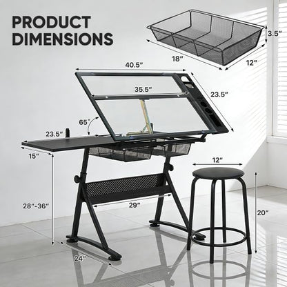 Magshion Drafting Table Adjustable Drawing Table w/Stool - color: Clear & Black