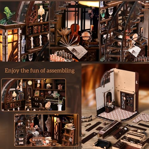 Book Nook Kit-DIY Miniature House for Adult and Teen Beginners, 3D Wooden Library Dollhouse with LED Light, Bookshelf Decor (Basque Study)