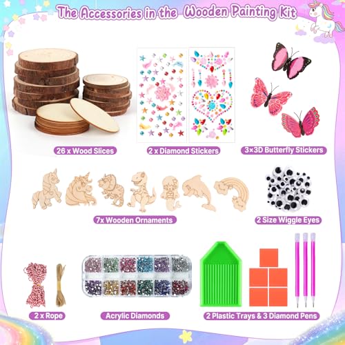 Sulataya Wooden Painting Kit, Wood Slices Craft Kit Gift Set with Assorted Gems & Diamond Painting Tools – Creative Art Activity Supplies for Adults Beginners