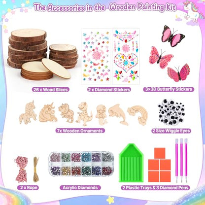 Sulataya Wooden Painting Kit, Wood Slices Craft Kit Gift Set with Assorted Gems & Diamond Painting Tools – Creative Art Activity Supplies for Adults Beginners