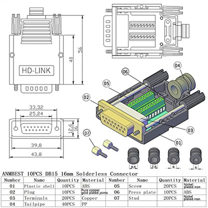 10PCS DB15 Solderless RS232 Serial to 15 pin Terminal Male Adapter - style: 10PCS Thin Male
