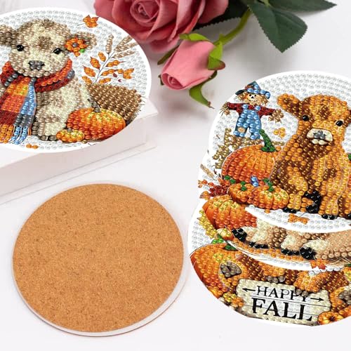 mrpwnle 8 Pcs Diamond Art Coasters Kits DIY Cow Diamond Painting Coasters - color: Fall Cow