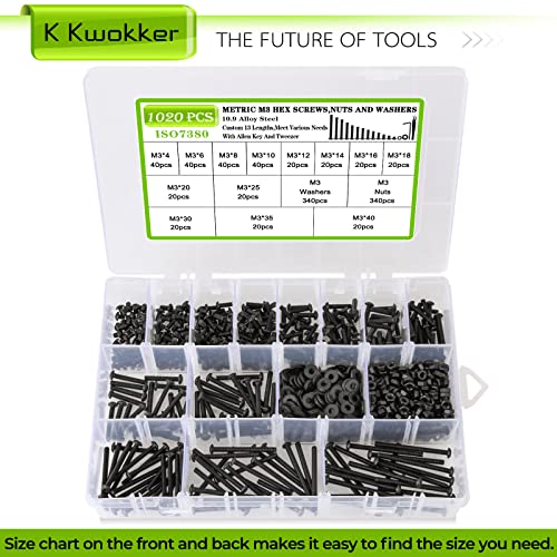 1023Pcs M3 Screw Assortment 13 Lengths 4mm to 40mm, 10.9 Alloy Steel Nuts and Bolts Assortment Kit, Metric Button Head Hex Socket Head Cap Machine Screws and Nuts, Washers, Black - size: B. M3