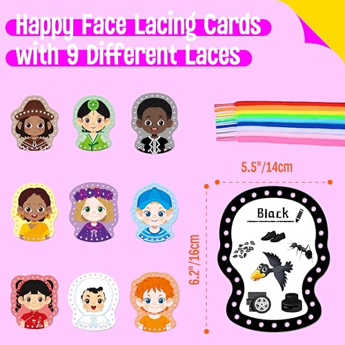 SpriteGru 9 Pieces Happy Face Lacing Cards, 9 Double Sided Color Sewing Cards with 9 Colorful Laces, Educational & Learning Activity Games, Imagination Development Lacing Toys for Preschoolers, Kids - color: Happy Face