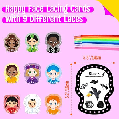 SpriteGru 9 Pieces Happy Face Lacing Cards, 9 Double Sided Color Sewing Cards with 9 Colorful Laces, Educational & Learning Activity Games, Imagination Development Lacing Toys for Preschoolers, Kids - color: Happy Face