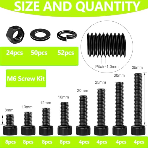 174Pcs M6 Screw,M6x8/10/12/16/20/25/30/35 mm Bolt kit,Hex Socket Head Cap Bolts,12.9 Grade Black Zinc Plated for 3D Printer - size: M6x8/10/12/16/20/25/30/35mm