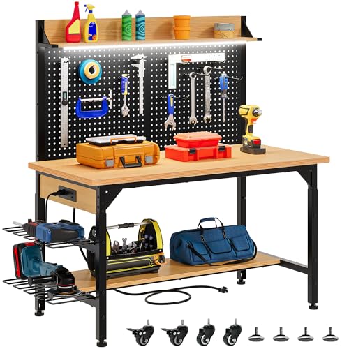 DWVO 47in Adjustable Workbench with Pegboard 1100lb Load on Wheels - size: 48" Workbench w/Pegboard & LED