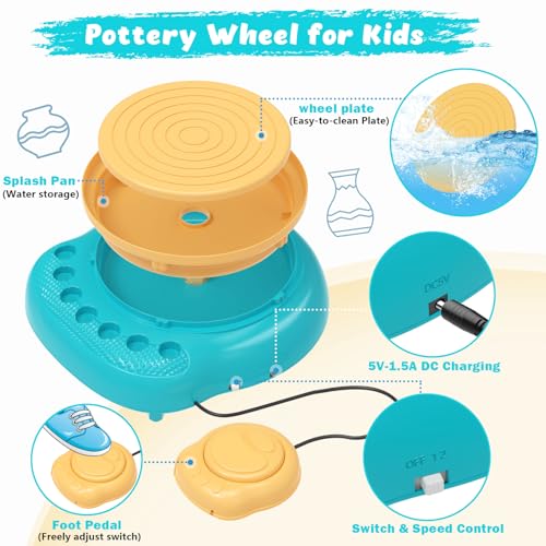 Pottery Wheel for Kids with Air Dry Clay Kit, 12 Paints & Tools, Ages 6-12 - color: yellow/cyan