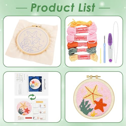 ERKOON Punch Needle Kit Adults Beginners, DIY Easy Sea Animals Embroidery Set for Starter Art Craft, Needling Punch Project with Patterns, Tools, Yarns, Hoop, Instruction (Starfish) - color: Starfish