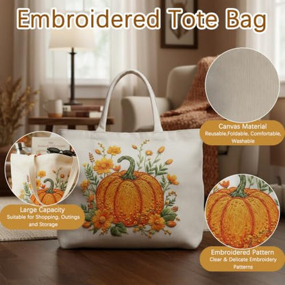 ARTopet Embroidery Tote Bag Kit for Beginners Flower Canvas Cross Stitch Handbag with Hoops Needles Threads Reusable Grocery Bag for Women-Pumpkin - color: Pumpkin