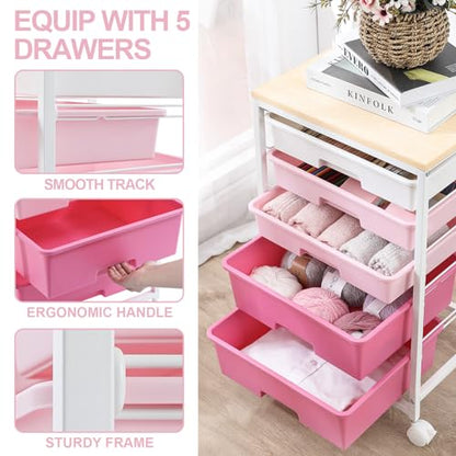 SYKIARIOL Utility Cart with Drawers,5 Drawers Storage Cart,Rose Pink - color: Rose Pink
