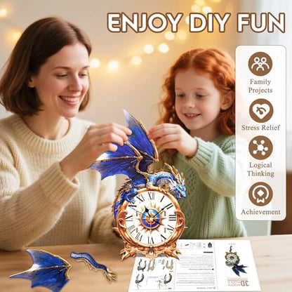 3D Wooden Puzzles for Adults-Blue Dragon Clock Puzzle-Adult Crafts - color: Blue Dragon Clock