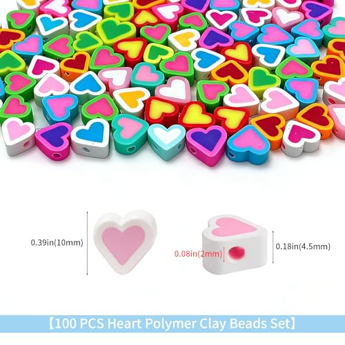 100 pcs Heart Polymer Clay Beads, VEINARDYL Colorful Mixed Heart Charm Beads for DIY Crafts Earring Necklace Bracelets Making - color: Heart