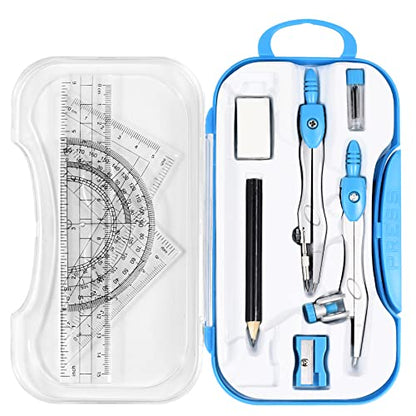 Unjoo Geometry Set 10 Pcs Student Supplies, Protractor and Compass (Blue） - color: Blue