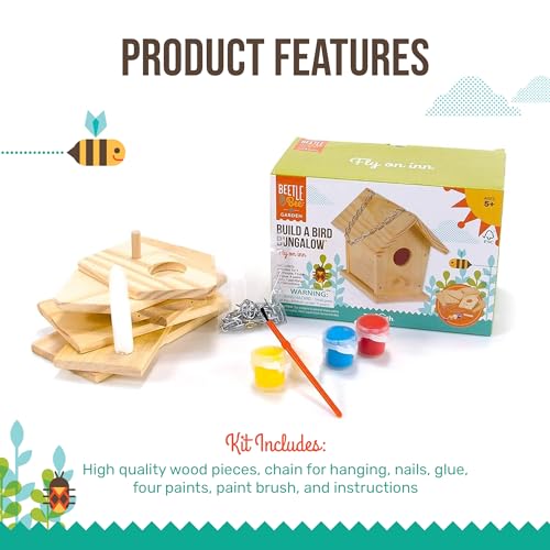 Beetle & Bee Build A Bird Bungalow - DIY Kid Art Craft Outdoor Birdhouse Kit, House Painting Kit for Kids, Hardware Glue Included- 4 Paints, 1 Brush, 7 Wooden Pcs, Chain For Tree Hanging Age 5+ - style: Build a Bird Bungalow