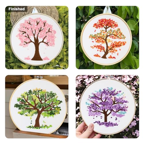 Sivilife Embroidery Starter Kit for Beginners, 4 Sets Stamped Cross Stitch Kits for Adult, Seasonal Tree Pattern Hand DIY Kits with 2 Embroidery Hoop Instructions Color Threads Needles and Scissor