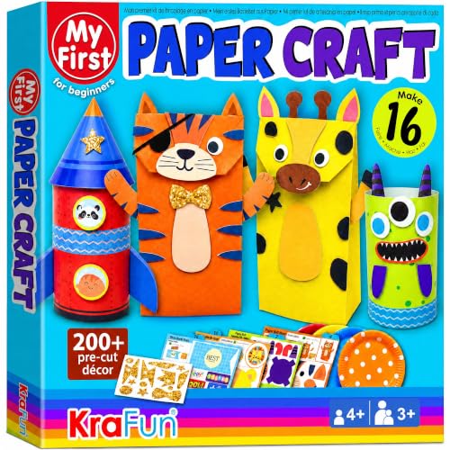 KRAFUN Safari Animal Beginner Paper Craft Kit for Kids Age 3+ | 16 Projects - color: Animal