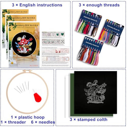 Smart-Feather 3 Sets Mushroom Embroidery kit for Beginners, Hand Embroidery Kits for Adults with Hoop, DIY Art Project Craft Kit (Mushroom) - style: Mushroom
