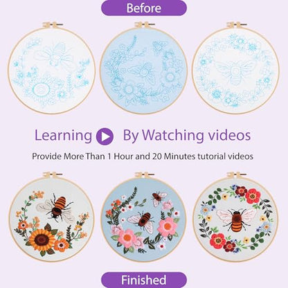 Uniartfy 3 Pack Bee Flower Embroidery Kits for Beginners, Cross Stitch Kit for Adults, DIY Needlepoint with Embroidery Hoop, Tools, Easy to Learn Video & Instructions, Hand Embroidery Starter Kit - color: Embroidery Kit-I
