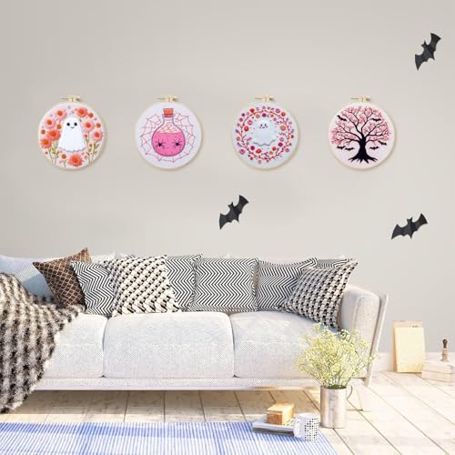 SCECALA 4 Pack Pink Halloween Embroidery Kit for Beginners - color: Pink White
