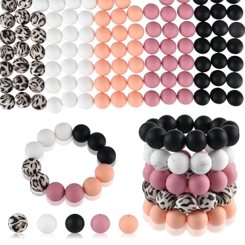 ASTARON 100 Pcs 15mm Dusty Peach Pink Silicone Beads for Keychain Making - color: Peach-pink Black Leopard
