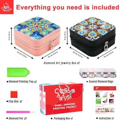 2 PC Diamond Art Jewelry Boxes for Adults Craft Kits Women Bedazzling Kit - color: Mandala Square