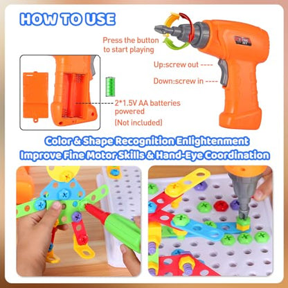 Montessori STEM Building Toys 223PCS Drill & Tool Kit 2D 3D Blocks for Kids