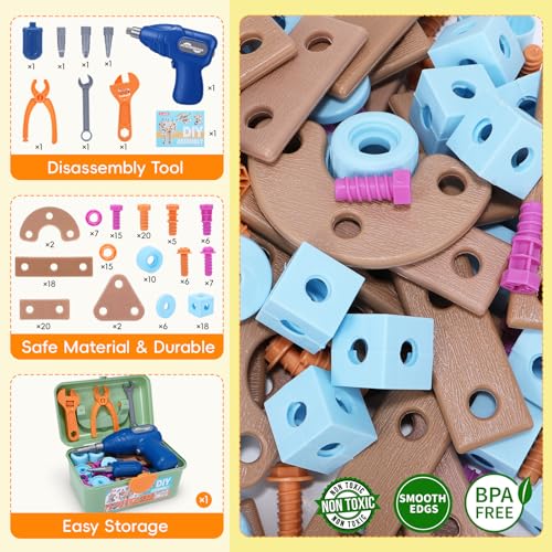 Drill Building Set for Kids 172 Pcs Construction Tools for Kids with Toolbox,Kids Construction Building STEM Toy for Boys Girls Birthday Gifts